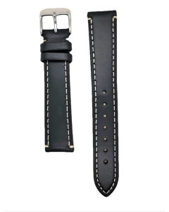 18mm Black Smooth Leather Thick White Stitched Watch Band