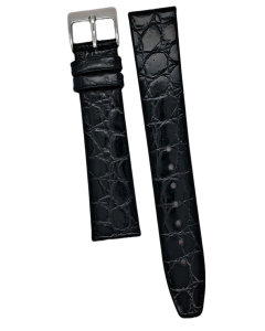 18mm Black Glossy Stitched Crocodile Print Leather Watch Band