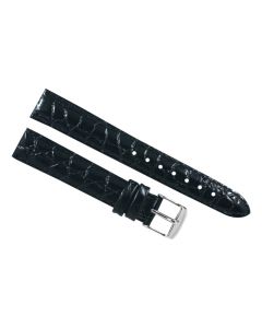 18mm Black Glossy Crocodile Print Padded Stitched Leather Watch Band