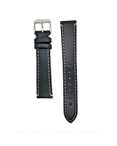 20mm Black Smooth Leather Thick White Stitched Watch Band