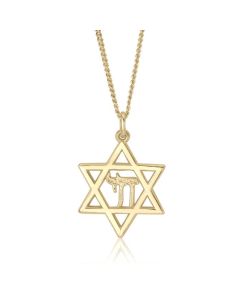 10K Yellow Gold Star of David with Chai Charm