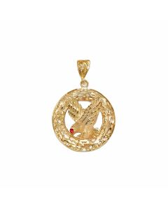 10K Yellow Gold Big Red Eye Eagle in a Circle Pendant