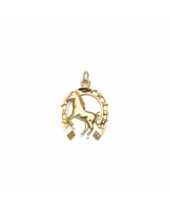 10K Yellow Gold Front Knees Raised Horse in a Horseshoe Pendant