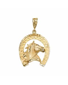 10K Yellow Gold Large Horse's Head in a Horseshoe Pendant