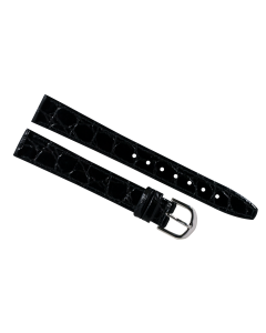 14mm Long Black Flat Crocodile Stitched Leather Watch Band