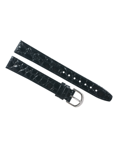 16mm Long Black Flat Crocodile Stitched Leather Watch Band