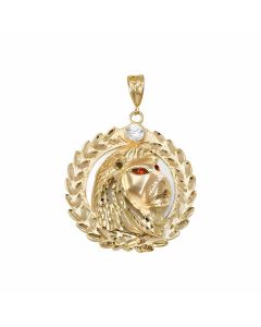 10K Yellow Gold Big Red Eyes Lion in a Circle Pendant