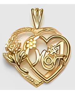 10K Yellow Gold Floral Double Heart "#1 Mom" Pendant