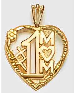 10K Yellow Gold Floral Heart "#1 Mom" Pendant