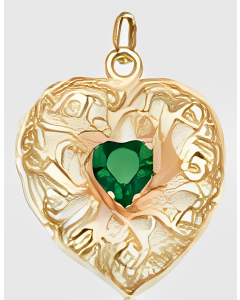 10K Yellow Gold Vined Covered Double Heart Emerald Pendant