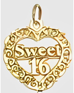 10K Yellow Gold Floral "Sweet 16"  Heart Charm