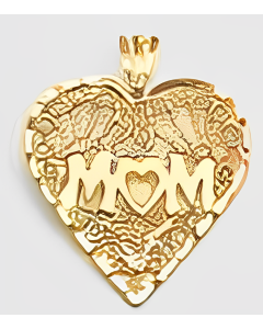 10K Yellow Gold Webbed "Mom" Heart Pendant