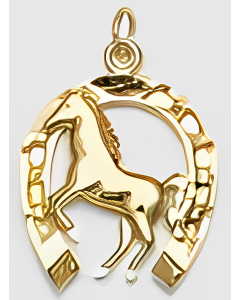 10K Yellow Gold Front Knees Raised Horse in a Horseshoe Pendant