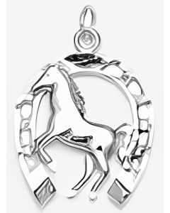 Silver Front Knees Raised Horse in a Horseshoe Pendant