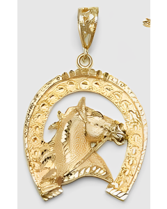 10K Yellow Gold Large Horse's Head in a Horseshoe Pendant