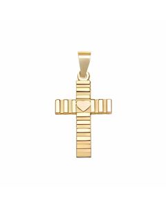 10K Yellow Gold Cute Cross Covered in Lines and a Heart Charm