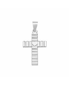 Silver Cute Cross Covered in Lines and a Heart Charm