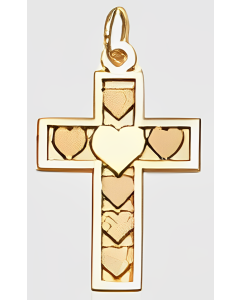 10K Yellow Gold Cross With Hearts Charm