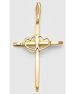 10K Yellow Gold Cross With Double Hearts Charm