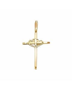 10K Yellow Gold Cross With Double Hearts Pendant