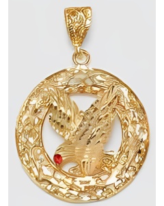 10K Yellow Gold Big Red Eye Eagle in a Circle Pendant