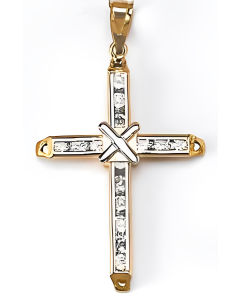 10K Two Tone Cross With Stones and X Pendant