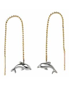10K Two Tone Dolphin Drop Down Earrings