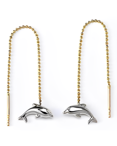 10K Two Tone Dolphin Drop Down Earrings