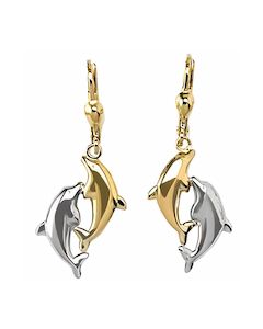10K Two Tone Long Greek Key Accent Drop Down Earrings