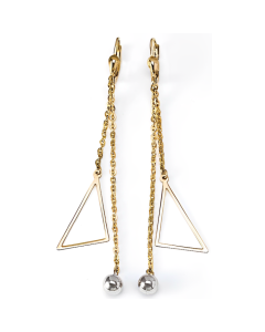 10K Two Tone Long Triangle Ball Duo Drop Down Earrings