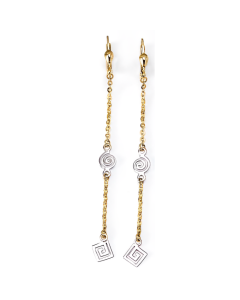 10K Two Tone Long Greek Key Accent Drop Down Earrings