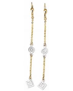 10K Two Tone Long Greek Key Accent Drop Down Earrings