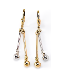 10K Two Tone Short Mirrored Double Ball Drop Down Earrings