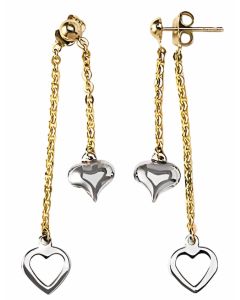 10K Two Tone Double Heart Drop Down Earrings