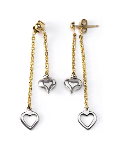 10K Two Tone Double Heart Drop Down Earrings