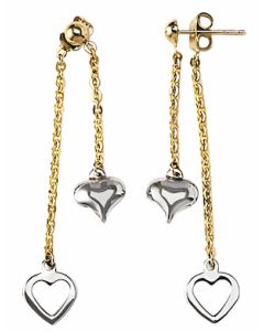 10K Two Tone Double Heart Drop Down Earrings