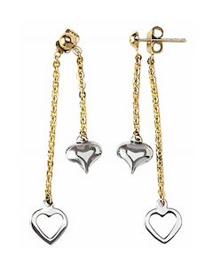 10K Two Tone Double Heart Drop Down Earrings
