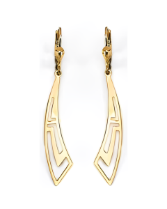 10K Two Tone Greek Key Pattern Curved Drop Down Earrings