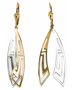 10K Two Tone Greek Key Pattern Double  Curved Drop Down Earrings