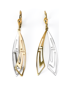 10K Two Tone Greek Key Pattern Double  Curved Drop Down Earrings