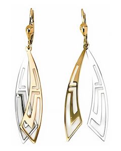 10K Two Tone Greek Key Pattern Double  Curved Drop Down Earrings