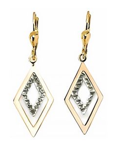 10K Two Tone Glam Double Diamond Shaped Drop Down Earrings