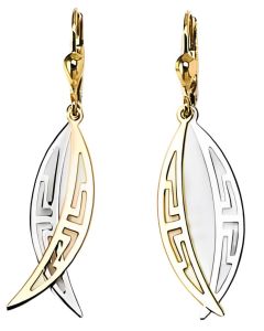 10K Two Tone Double Crescent Greek Key Pattern Drop Down Earrings