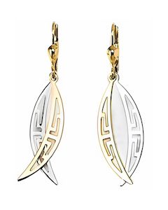 10K Two Tone Double Crescent Greek Key Pattern Drop Down Earrings