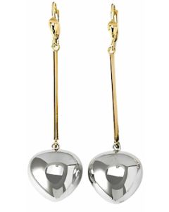 10K Two Tone Puffed Mirrored Heart Drop Down Earrings