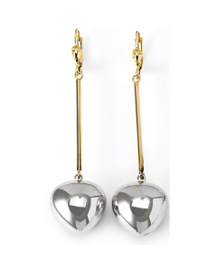 10K Two Tone Puffed Mirrored Heart Drop Down Earrings