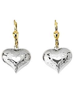 10K Two Tone Cute Puffed Heart Drop Down Earrings
