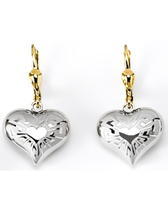 10K Two Tone Cute Puffed Heart Drop Down Earrings