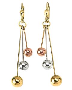 10K Tri Color Mirrored Balls Drop Down Earrings
