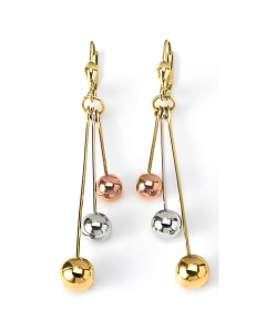 10K Tri Color Mirrored Balls Drop Down Earrings